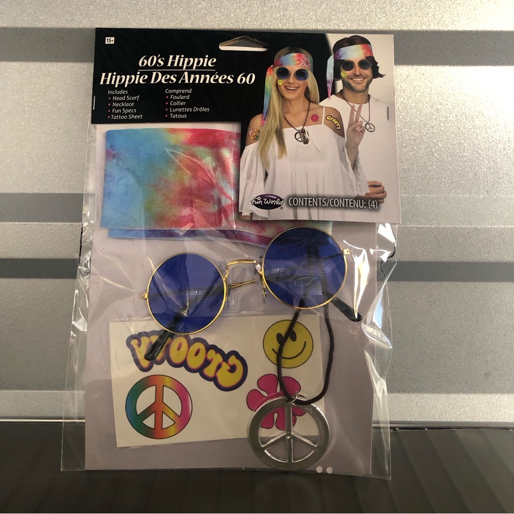 New Halloween 60s Hippie Costume Accessories Head Scarf Specs Necklace Tattoos